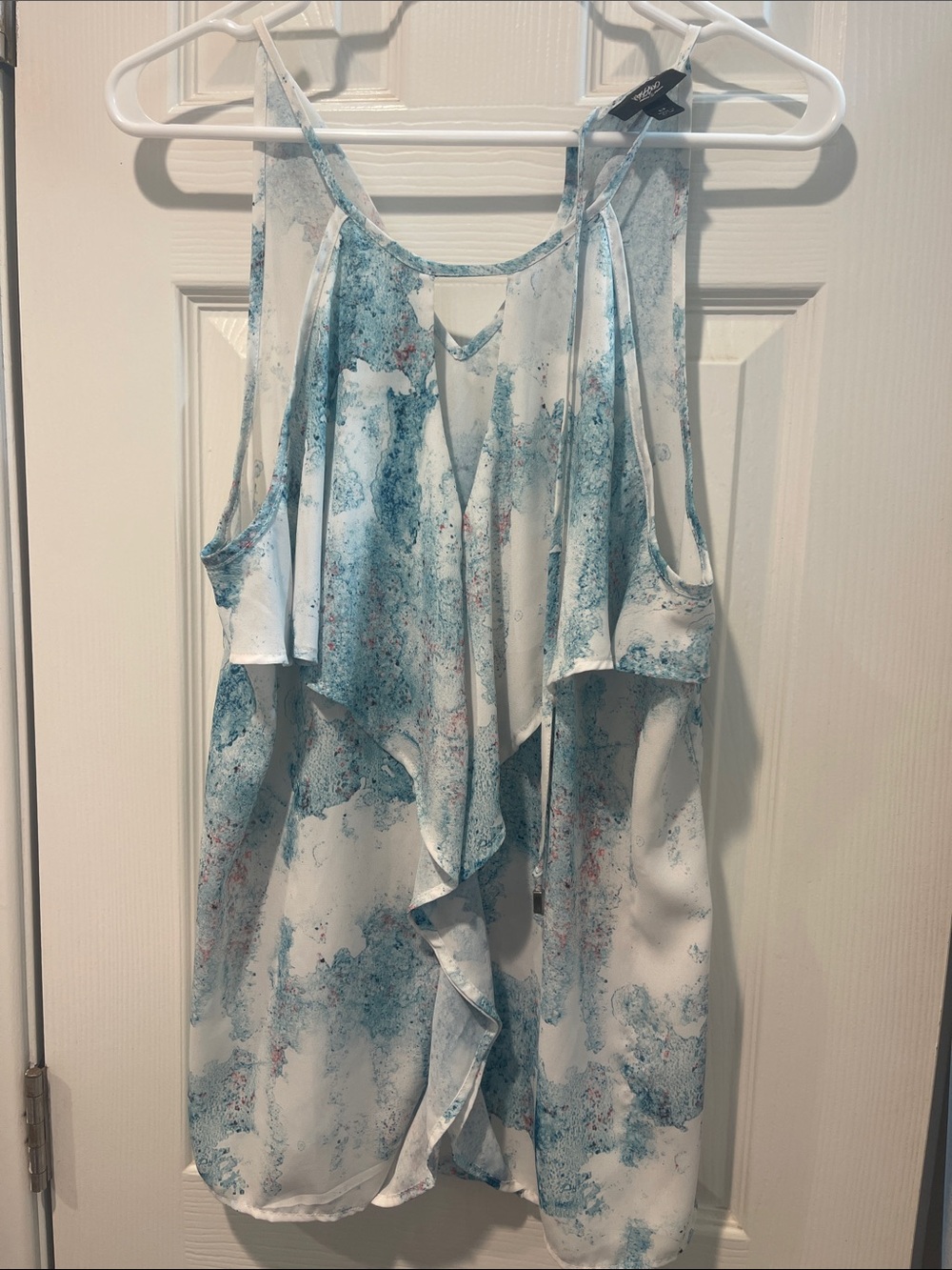 Massimo Blue and White Sleeveless Ruffle Front Blouse